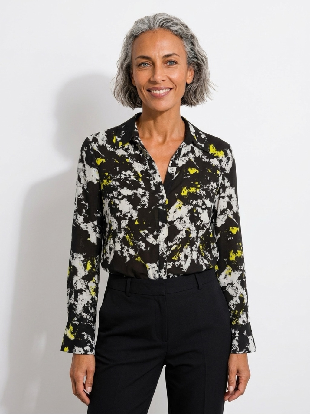Alice + Olivia Black, White & Yellow Abstract Button-Up Blouse